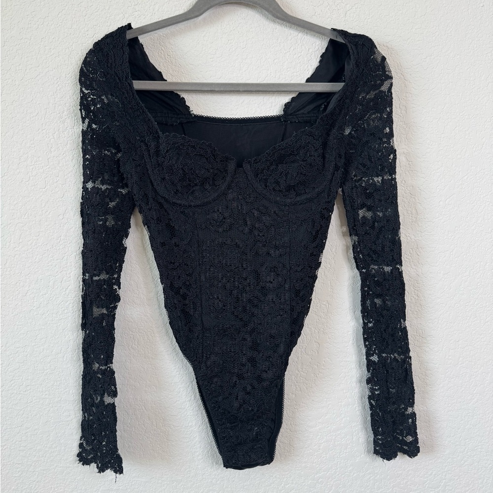 Vtg Victoria Secret Gold Label Black Lace Long Sleeve Bodysuit S Underwire‎ USA
